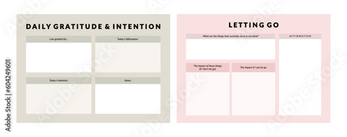 Set of printable vector manifestation, affirmation, gratitude planner template set for journaling, self-reflection, self care, shadow work, or coaching