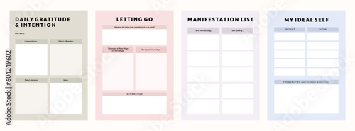 Set of printable vector manifestation, affirmation, gratitude planner template set for journaling, self-reflection, self care, poster, shadow work, or coaching