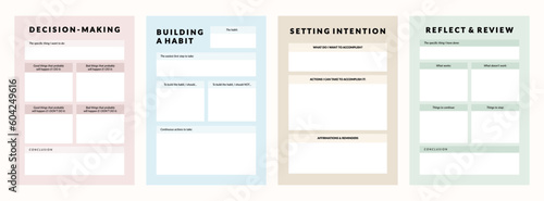 Set of printable vector manifestation, affirmation, gratitude planner template set for journaling, self-reflection, self care, poster, shadow work, or coaching