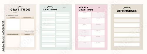 Set of printable vector manifestation, affirmation, gratitude planner template set for journaling, self-reflection, self care, poster, shadow work, or coaching
