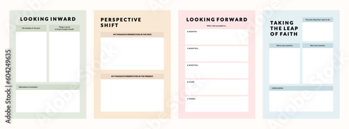 Set of printable vector manifestation, affirmation, gratitude planner template set for journaling, self-reflection, self care, poster, shadow work, or coaching