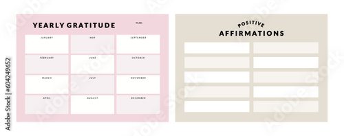 Set of printable vector manifestation, affirmation, gratitude planner template set for journaling, self-reflection, self care, shadow work, or coaching