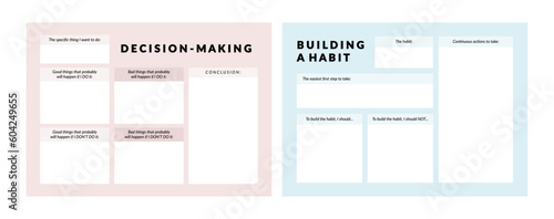 Set of printable vector manifestation, affirmation, gratitude planner template set for journaling, self-reflection, self care, shadow work, or coaching