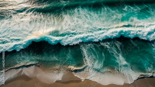 Aerial view of a beautiful sandy beach with turquoise ocean waves.