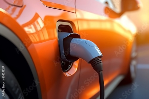 Close up view of charging orange electric car batterey via charging station created with Generative AI technology