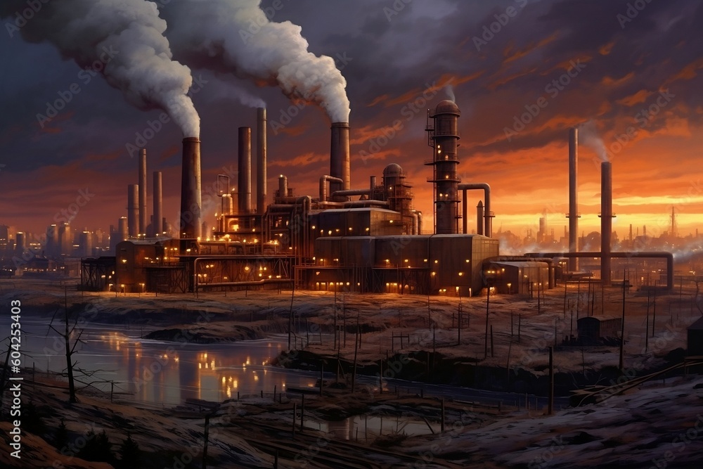 Factory with smoking chimneys on sunset cityscape background created with Generative AI technology. Air pollution