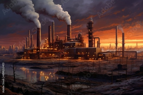 Factory with smoking chimneys on sunset cityscape background created with Generative AI technology. Air pollution © Oksana