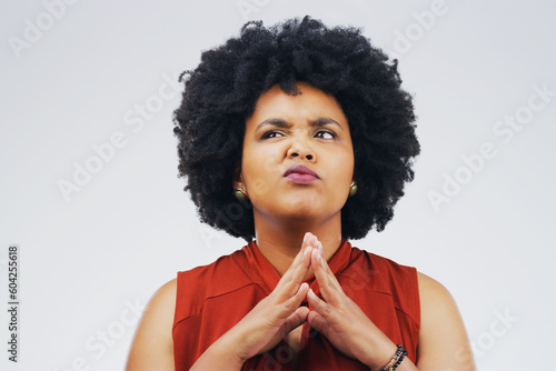 Confused, smirk and woman in studio thinking on mockup, space and white background. Doubt, emoji and face of African female person with option, choice and unsure or suspicious expression isolated