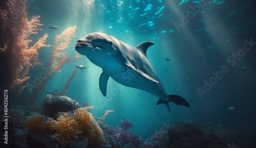 Dolphin swimming in the under sea Beautiful Underwater .Generative AI. © ALIF