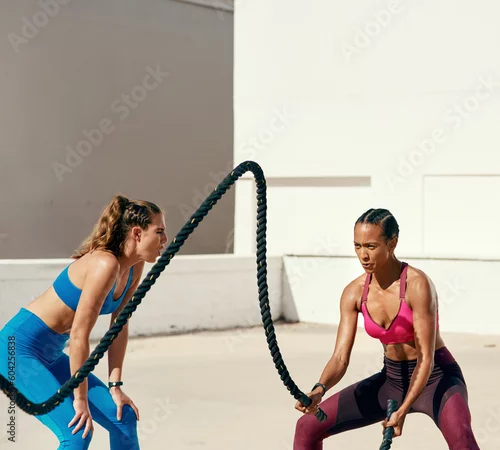 Obraz Woman, personal trainer and battle rope in fitness for exercise, workout or training outdoors. Fit, active or serious coach with female person exercising with ropes for sports endurance or motivation