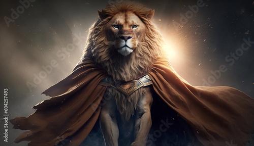 Super lion as superhero with cape background.Generative AI.