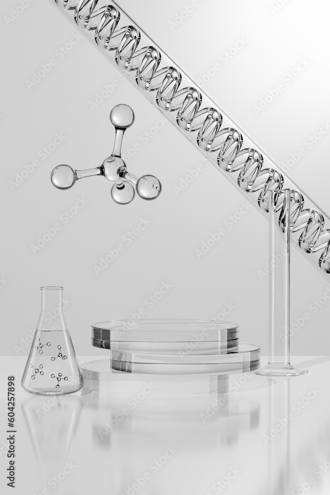 3D rendering transparent round pedestals stacked on each other, an erlenmeyer flask containing liquid and molecules inside 3D rendering transparent round pedestals stacked on each other, an erlenmeyer flask containing liquid and molecules inside