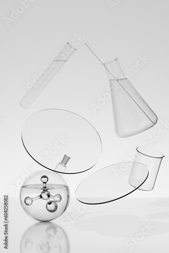 3D scene of laboratory concept with some glassware filled with transparent liquid are displayed. Cosmetic laboratory research and development