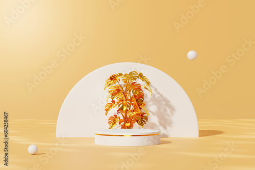 Abstract modern minimal scene with empty podium, small tree and geometric object on yellow background. Blank space for cosmetic product presentation. 3d render, illustration photo