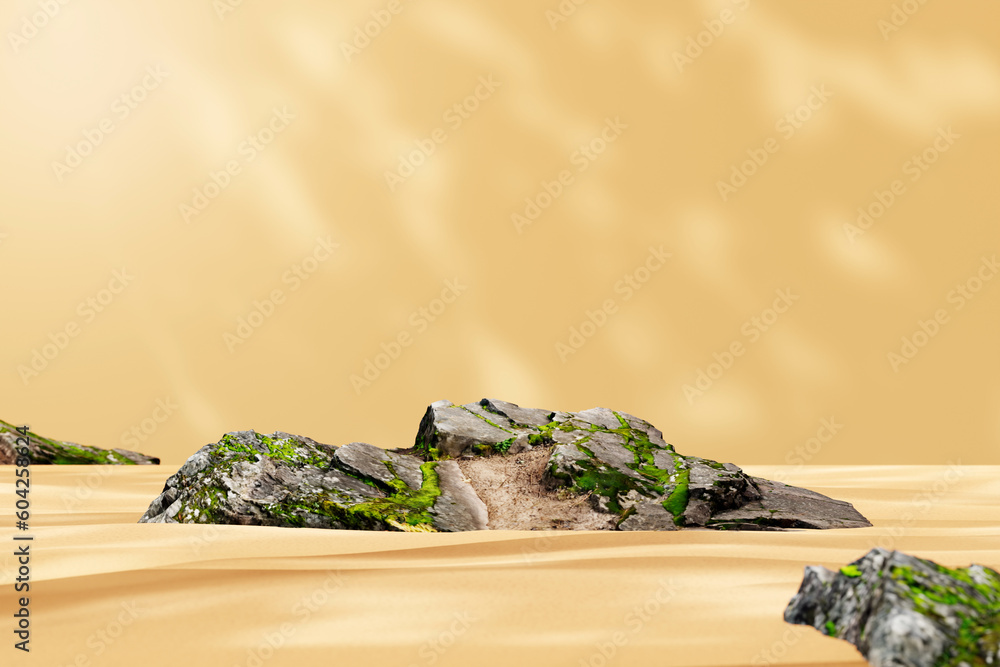 Blank minimal design podium concept with gray stones growing green moss on a beige background with the shade of natural leaves. Space for product presentation. 3d render