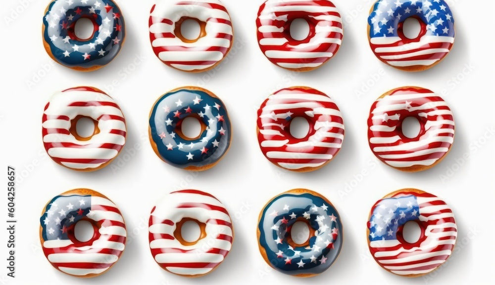 assortment of donuts with icing with american flag pattern on icing on white background. donut day in USA. Generative AI