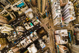 Skyscraper, architecture and aerial view of city buildings in Hong Kong in street. Urban landscape, cityscape building and drone of skyscrapers, infrastructure and property in metropolis of cbd.