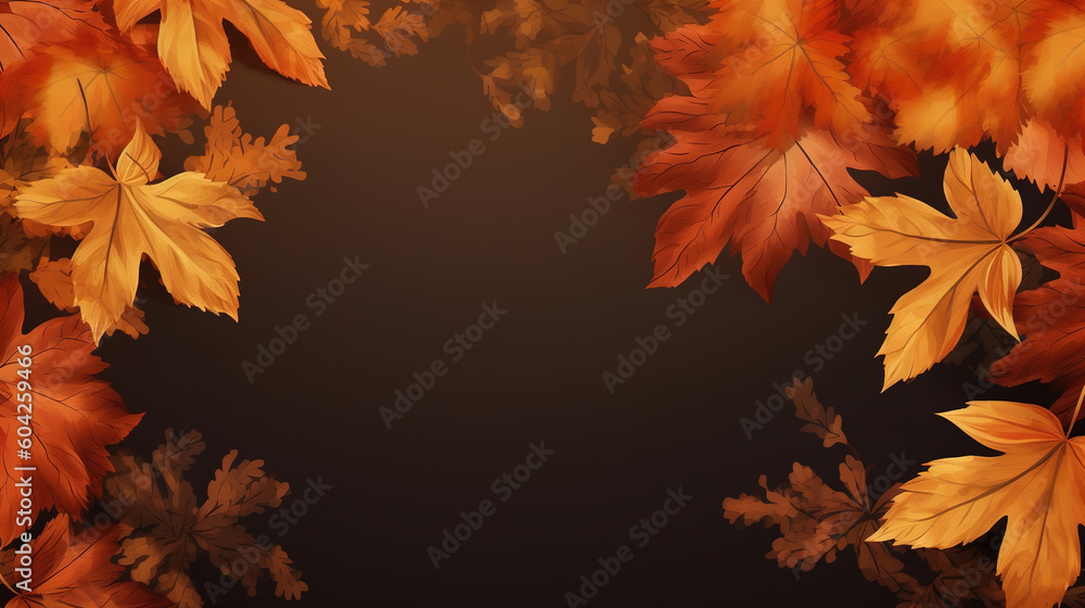 Autumn leaves frame with copy space, fallen yellow leaves on dark background with blank space for text, top view. Generative AI illustration Autumn leaves frame with copy space, fallen yellow leaves on dark background with blank space for text, top view. Generative AI illustration