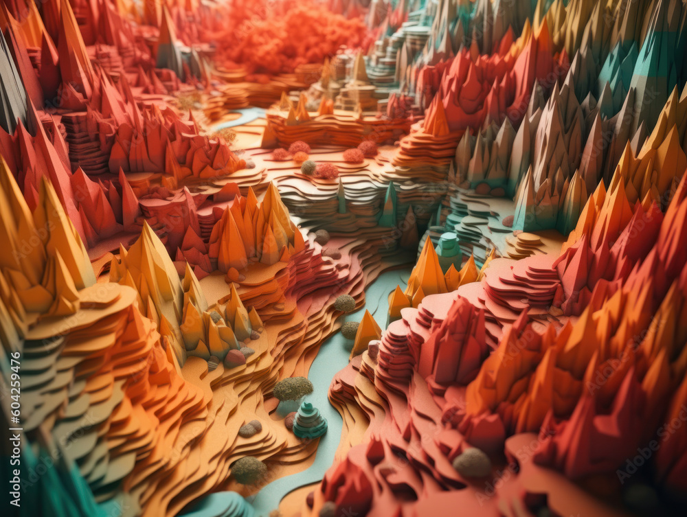 Colorful paper cut terrain mountains background created with Generative AI technology.