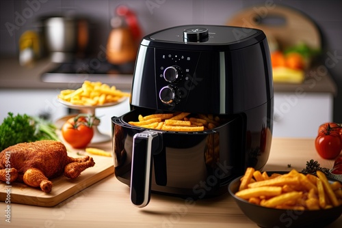 Black Oil Free Fryer Appliance Placed on a Wooden Table in the modern kitchen. Black air fryer. Generative AI. Digital Art Illustration