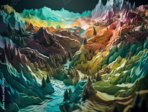 Colorful paper cut terrain mountains background created with Generative AI technology. © Denis Darcraft
