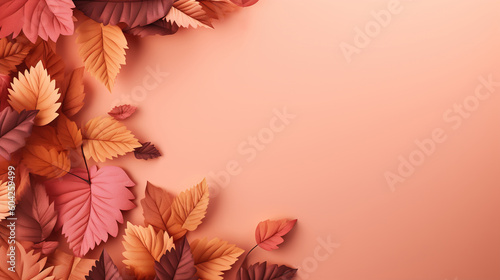Colorful autumn leaves on pink pastel background with copy space. Generative AI illustration