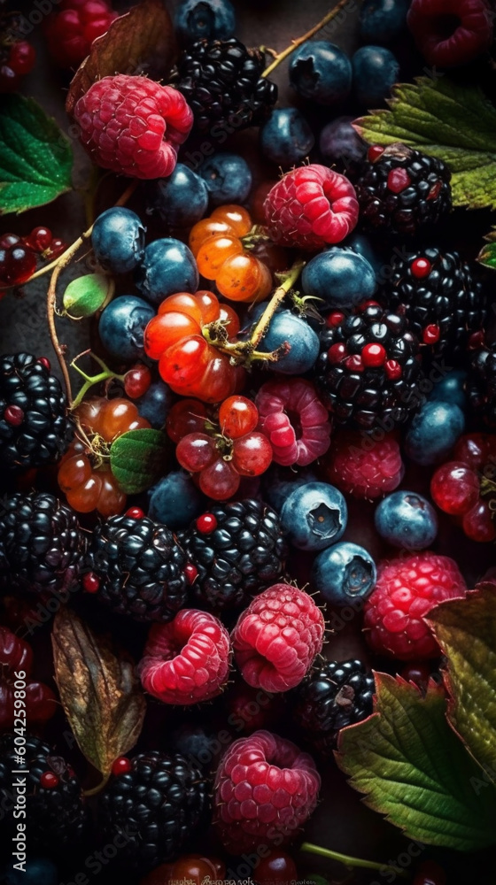 Overhead shot closeup of various berries, on the table Overhead shot closeup of various berries, on the table