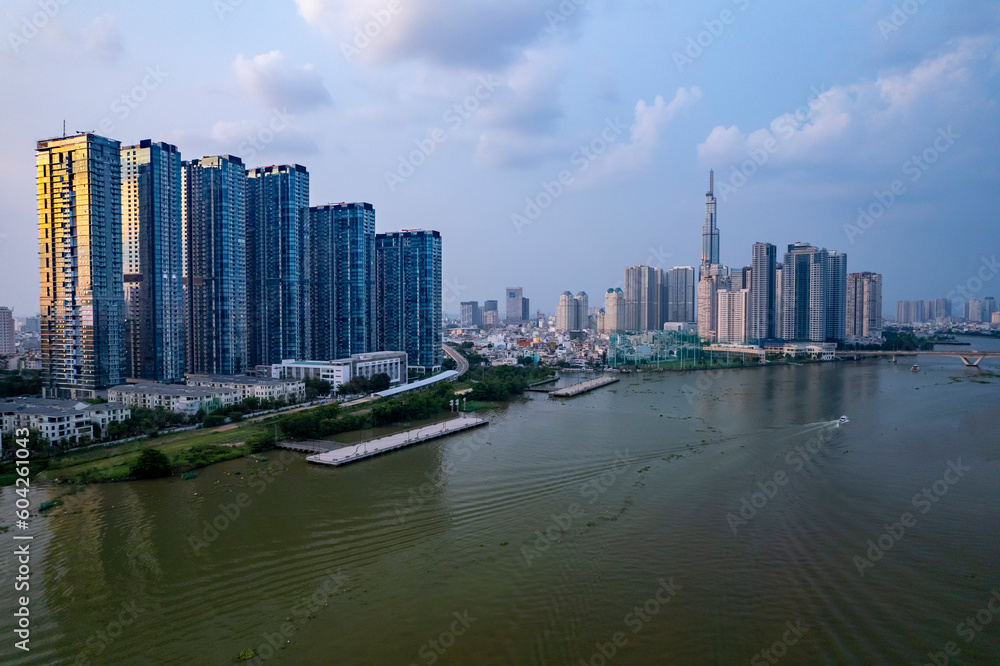 Naklejka premium Sunset on Saigon river, Ho Chi Minh city, Vietnam