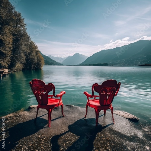 Two Red Chairs with Beautiful Sunset View. AI