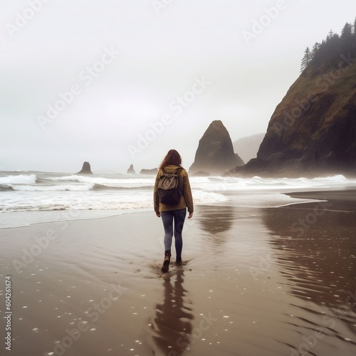 Woman Traveler on Oregon Pacific Coast during Rainy Day. AI