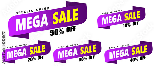 Special offer banner set tag, mega sale, big sale, super sale, sale banner vector. Purple and yellow color vector banner template. 50%, 10%, 20%, 30%, 40% percent sale. Isolated on white background.