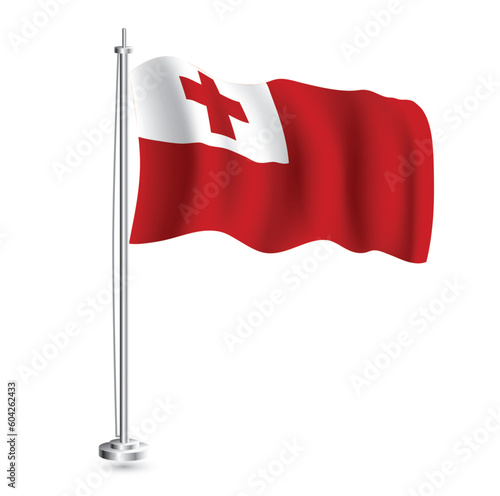 Tonga Flag. Isolated Realistic Wave Flag of Tonga Country on Flagpole.