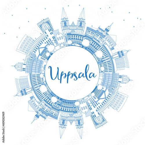 Outline Uppsala Sweden City Skyline with Blue Buildings and Copy Space. Vector Illustration. Uppsala Cityscape with Landmarks.