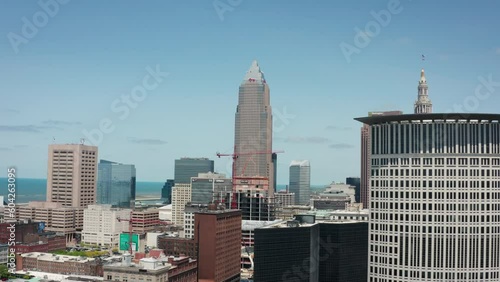 Cleveland Ohio downtown skyline 4K drone truck left shot
