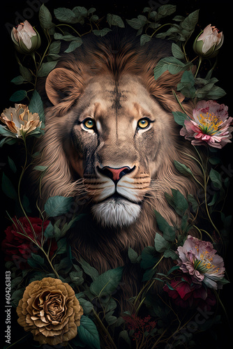 A lion surrounded by flowers. Generative AI
