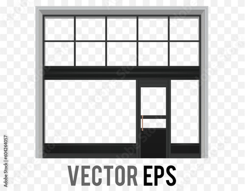Main entrance of boutique shop facade, glass door, window display and background