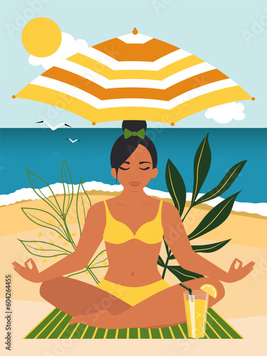 Young woman is sitting in yoga lotus position. Free mind concept, female mental health, positive mind. A girl in a swimsuit meditates on the beach in summer. Vector.