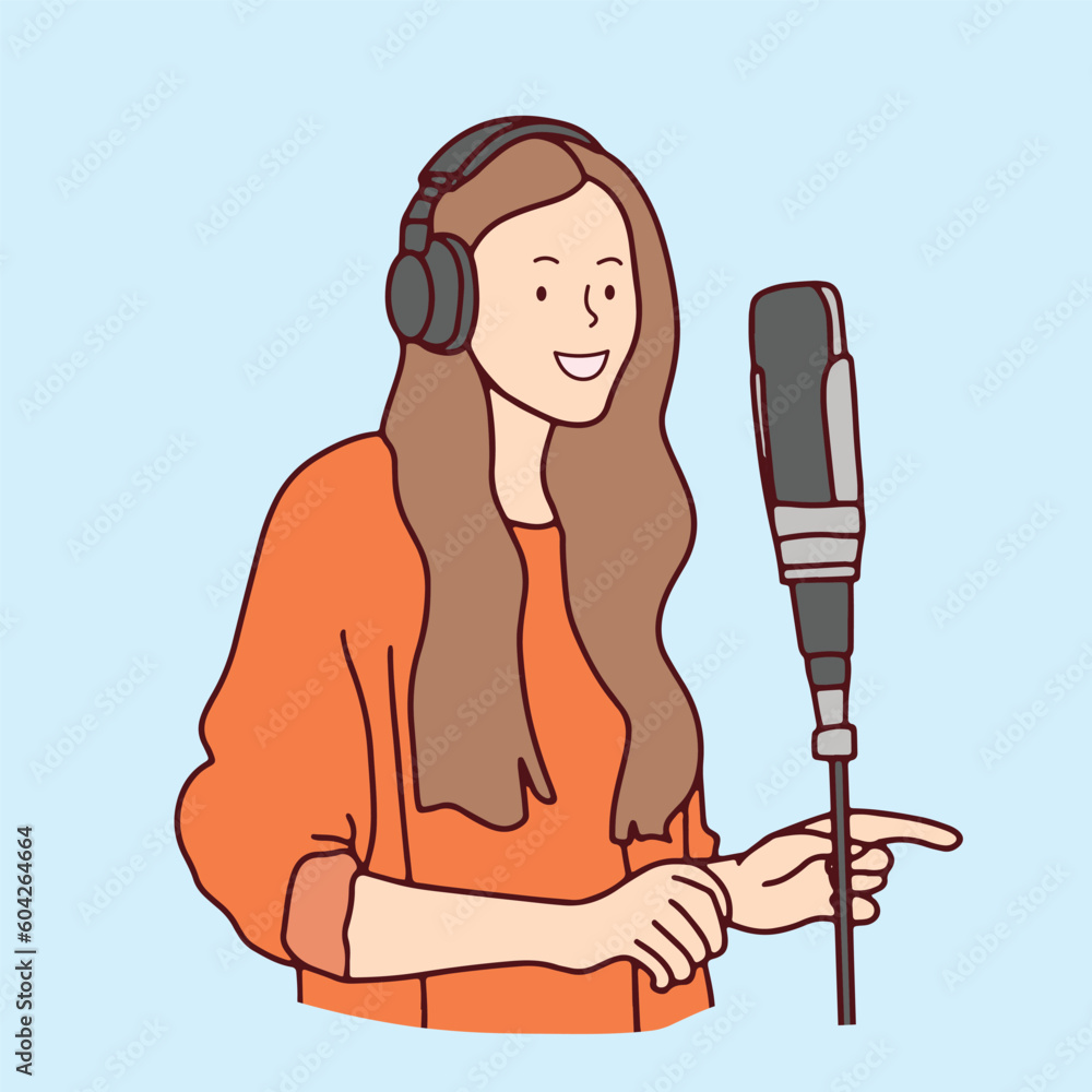 continuous line woman working on podcast talking through mic using headphones hand drawn illustration vector continuous line woman working on podcast talking through mic using headphones hand drawn illustration vector