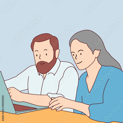 line art character couple working together on computer consult each other hand drawn illustration vector