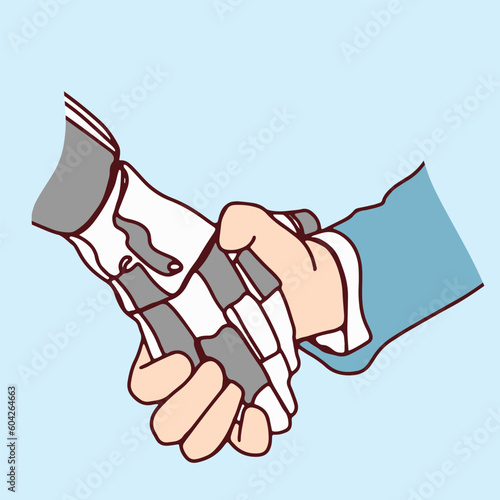 line art character executive businessman hand in hand robot concept technology new era modern hand drawn illustration vector