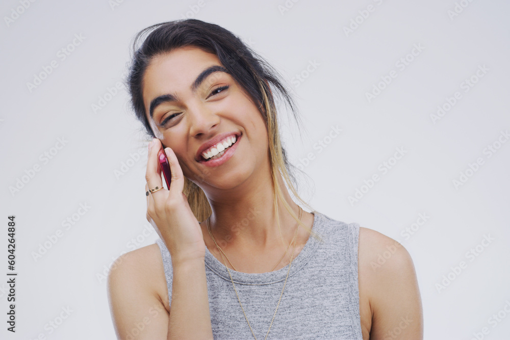 Phone call, funny or portrait of woman talking in studio isolated on white background. Cellphone, laughing or face of female person in communication, speaking or discussion with comedy or comic joke Phone call, funny or portrait of woman talking in studio isolated on white background. Cellphone, laughing or face of female person in communication, speaking or discussion with comedy or comic joke