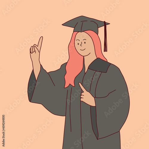 line art cartoon graduation character woman wearing a graduation gown The concept of study, college, degree certificate
  illustration vector hand drawn