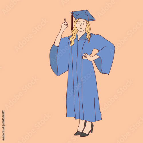 line art cartoon graduation character woman wearing a graduation gown The concept of study, college, degree certificate illustration vector hand drawn