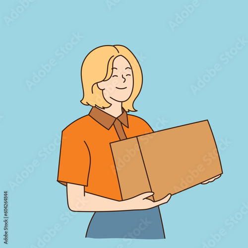 line art worker lifting boxes in warehouse store packing delivery worker hand drawn illustration vector simple