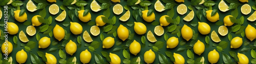 Creative food summer citrus fruits banner panorama wallpaper, seamless pattern texture - Top view of many fresh lemons, slices and leaves, isolated on green background (Generative Ai)
