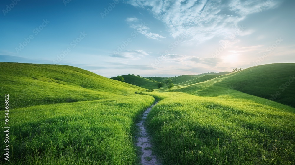 Obraz premium Winding trail on green lush fields