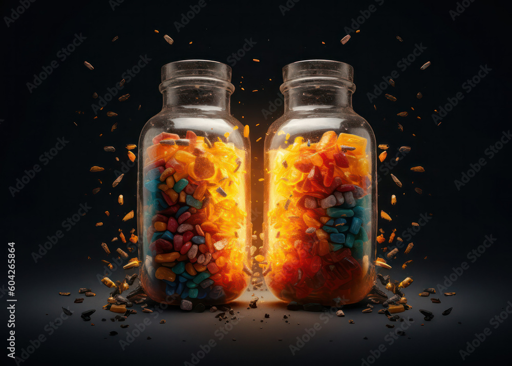 bright luminous pills in a transparent container.power engineer. Various capsules and tablets with dietary supplements or drugs. Generative AI bright luminous pills in a transparent container.power engineer. Various capsules and tablets with dietary supplements or drugs. Generative AI