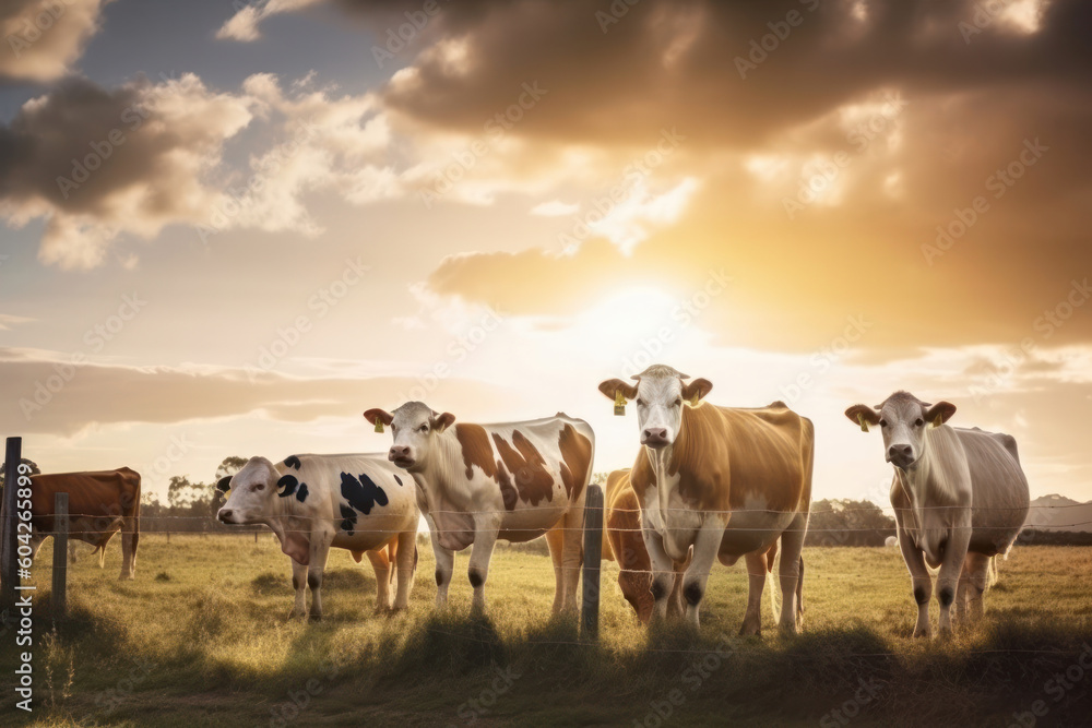 Peaceful and idyllic countryside view of cows grazing on a bright green pasture, enjoying the harmony of nature and the fresh air. The perfect symbol of sustainable and organic farming. Generative AI.