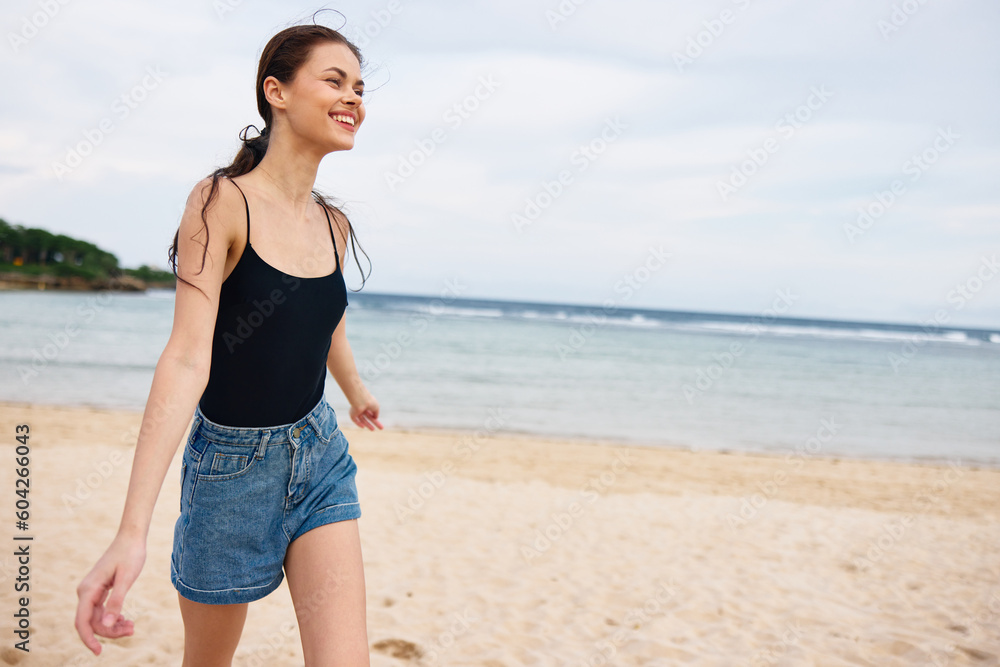 summer woman beach flight sunset lifestyle smile young sea running travel