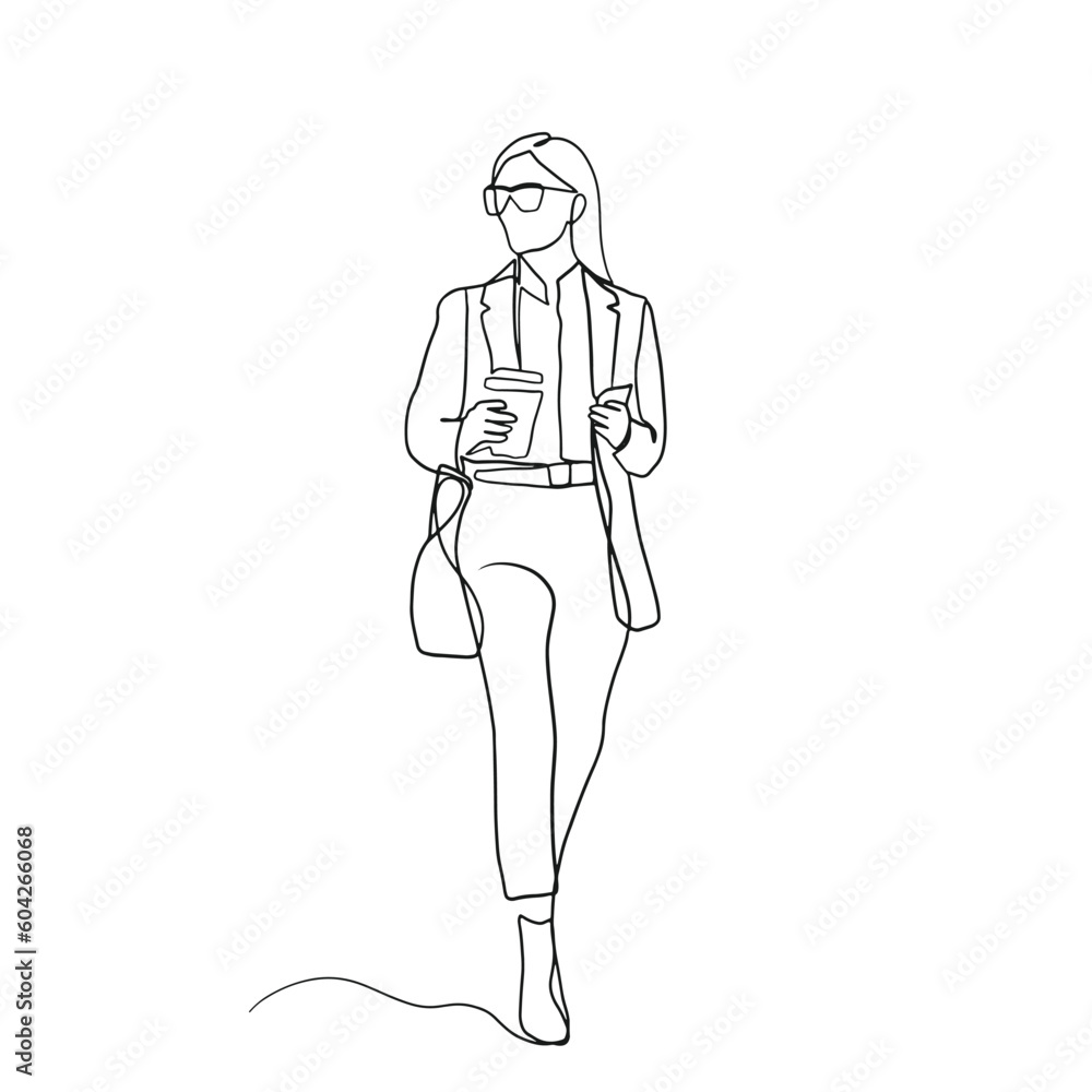 Continuous line, business woman, young woman walking with a cup of coffee hand drawn illustration vector Continuous line, business woman, young woman walking with a cup of coffee hand drawn illustration vector